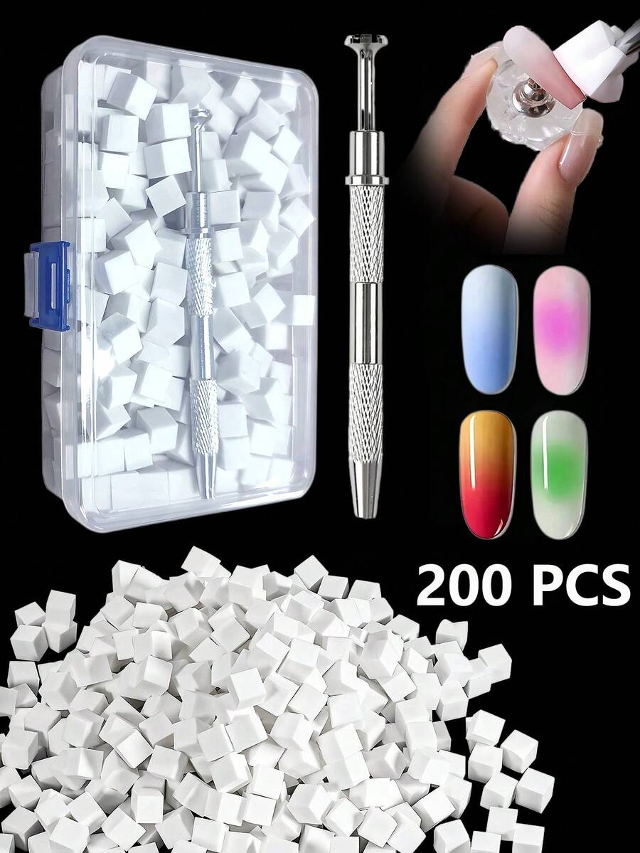 Metal Handle Replaceable Mini Sponge Blocks Nail Art Sponge Tool, Gradient Nail Art Tool And Brush, 200pcs Sponge Blocks, Professional Nail Artist Supplies, For Partial Nail Coloring, Nail Art Sponge Tool - Multicolor - View 1