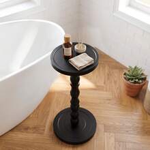 LOVEWE Solid Wood Retro Round Side Table, Floor-Standing Small Drinking Table, Tray Tabletop Side Table, Frosted Finish Surface, Wooden Color Tone - Black - View 3