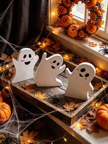 3 Sets Of Halloween Ghost Decorations-Cute Indoor Ghost Decorations,PVC Multi-Layer Tray Decoration Table Cards Set,Halloween Table Decorations For Witches Brooms,Pumpkins,Bats,Suitable For Party,Home Shelves Display,Birthday Gifts,Room Decor - A - View 4