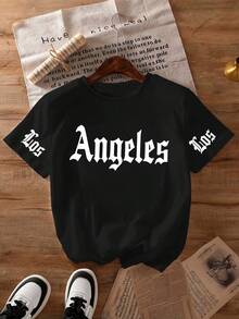 大尺碼女款休閒哥德風 Angeles 大膽字母印花圓領短袖 T-shirt 上衣，春夏秋季大尺碼黑色夏季款 - 黑色 - 查看 2