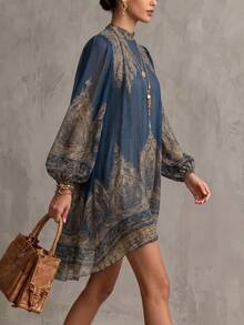 Vintage Paisley Print High Neck Long Sleeve Asymmetric Mini Dress, Autumn Style - Blue - View 4