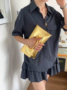 Dedoo 黑色亮面人造皮革長方形手拿包，大號橢圓金屬扣極簡奢華女款包，適合婚禮、派對、約會、宴會、日常 - 金色 - 查看 7