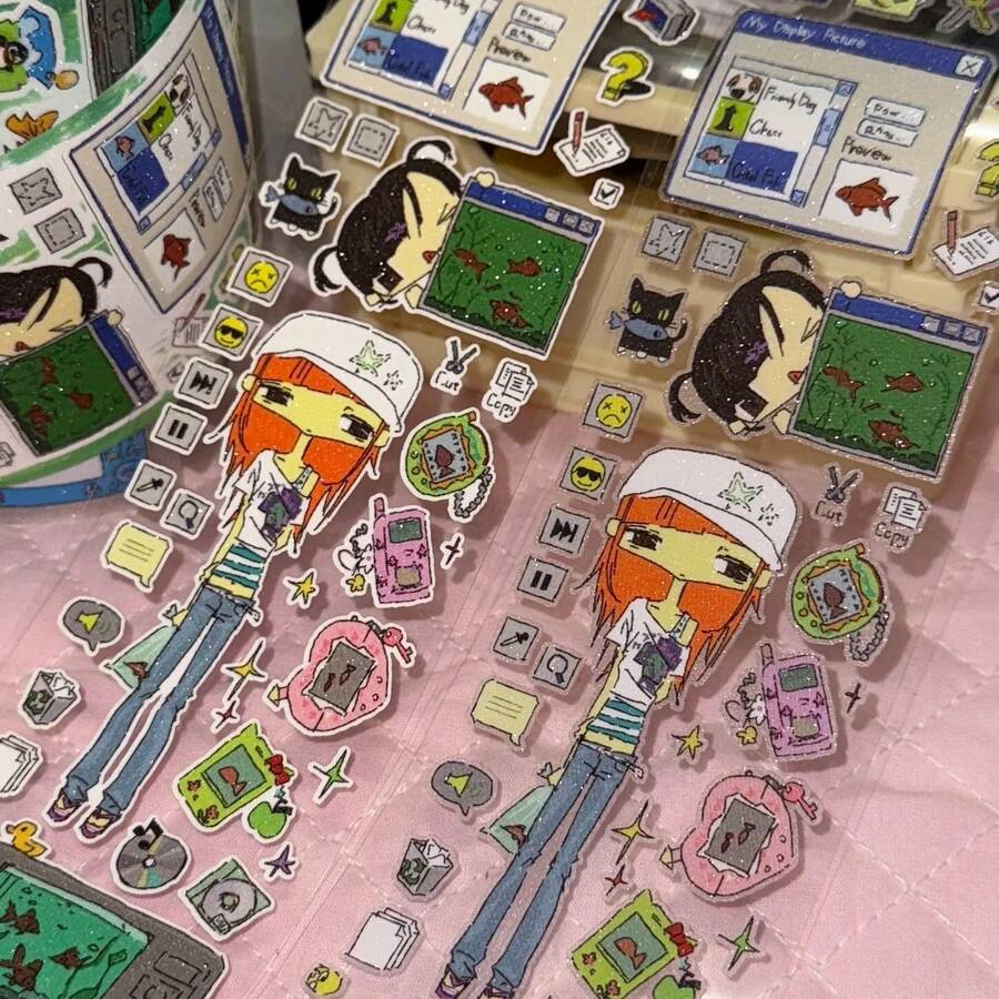 35cm/Loop 可愛 Y2K 復古 Dreamcore 網紅金魚亮片 PET 壓切貼紙，DIY 黏貼卡、手帳、剪貼簿、照片卡素材