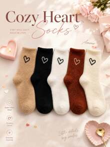 10/5/1 Pair Women's Fluffy Fuzzy Socks, Heart Embroidered Warm Comfortable Winter Casual Mid-Calf Socks - Multicolor - View 2