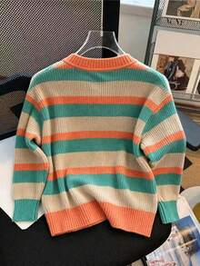 Sweater Rajut Longgar Berkerah Bulat dengan Motif Garis-Garis Blok Warna Musim Gugur/Dingin, Atasan Rajut Serbaguna - Jeruk - View 2