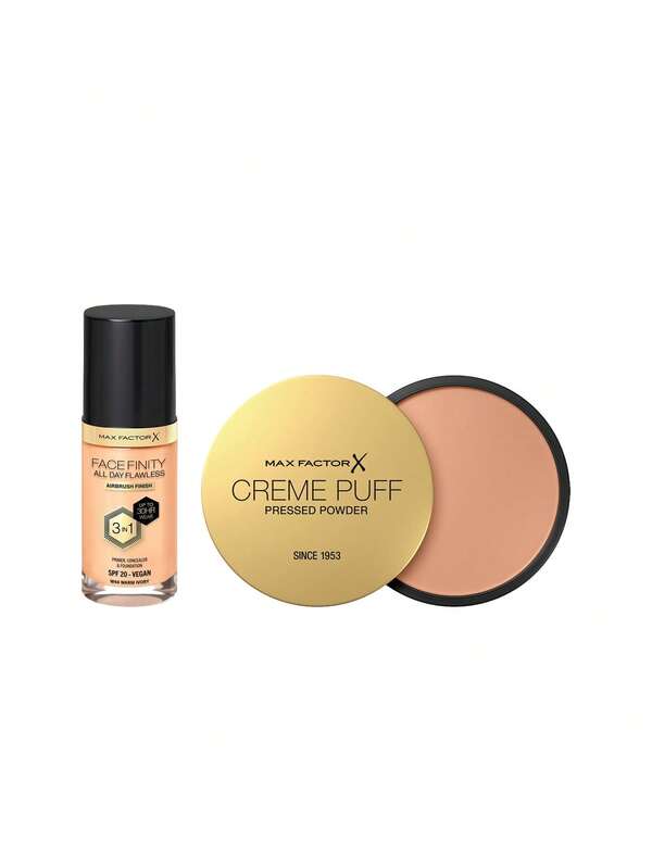 Max Factor [حزمة] كريم أساس فيجين 3 في 1 من فيسفينيتي بدون عيوب طوال اليوم W44 عاجي دافئ 30 مل + بودرة كريم بوف مضغوطة 53 لمسة مغرية 14 جرام