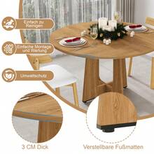120 Cm Diameter Round Dining Table / Retro MDF Dining Table / Seats 4-6 People / Adjustable Height Table Legs / Load Capacity: 136 Kg / Dining Room, Kitchen And Living Room - Oak Color - View 6