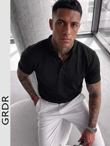 GRDR Men's Summer Fashion Classic Solid Color Henley Collar Short Sleeve, Business Casual Essential Item, Summer Window Display Must-Have - Black - View 7