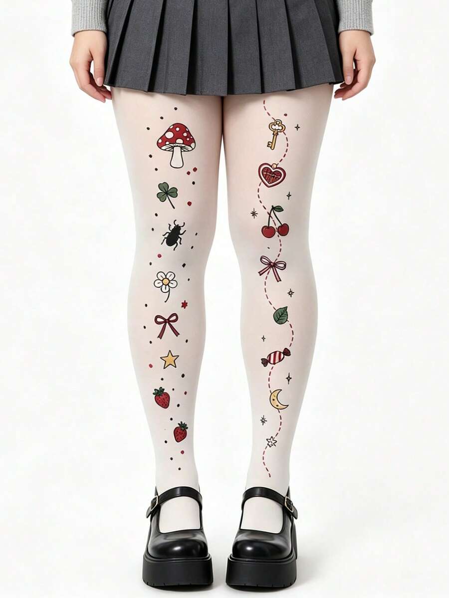 1 Pair Of Women's Gothic-Style Printed Tights, And Fashionable Y2K Style, Are The Top Choice For Fashion Enthusiasts, Suitable For Daily Wear - White - View 1