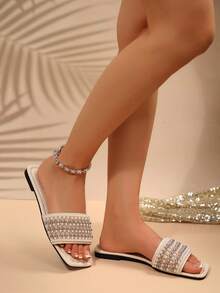 Elegant Striped Pearl Rhinestone White Summer Outdoor Flat Slide Sandals - Beige - View 4