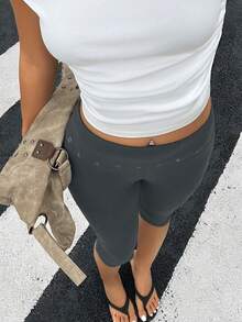 SCARLUX Fall Y2K Women Basic Dark Gray Fold Over Waist Eyelet Detail Biker Shorts, Knee Length Leggings For Back To School Daily Street Outfits Summer - Grey - View 10