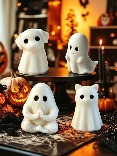Bộ 4 khuôn silicone Halloween nhiều kiểu dáng để lựa chọn, hình mèo ma, chó ma, ma dễ thương, trang trí Halloween, phù hợp cho đúc nhựa resin, trang trí ma động vật vui nhộn, hoàn hảo cho tiệc Halloween và trang trí nhà cửa, làm từ chất liệu silicone mềm và bền