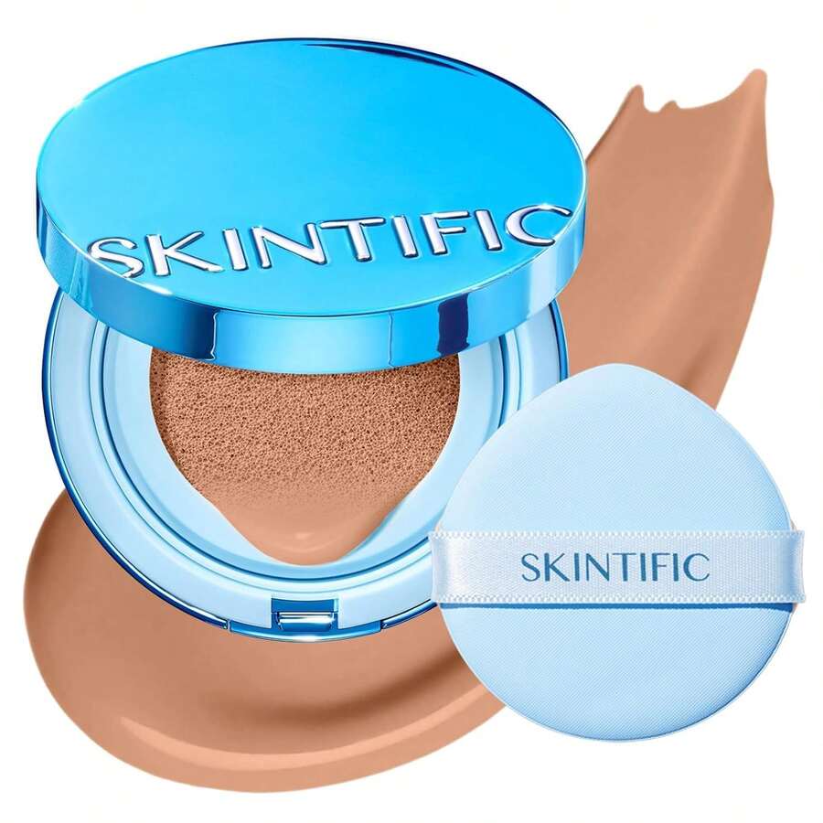 SKINTIFIC 藍色絲絨霧面氣墊粉底，全遮瑕，12小時控油，適合油性與混合肌膚，防水，持久，輕盈，保濕，不暈染