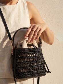 Women's Straw Bucket Bag Small Handbag, Straw Bucket Bag Summer Small Woven Crossbody Bag, Women's Hobo Bucket Bag, Vacation Handbag, Straw Beach Bag, Fashionable, Durable And Many Other Advantages, Perfect For Vacation, Dating, Work, Party, Shopping, Evening Party, Travel, Beach And Daily Use. - Black - View 4