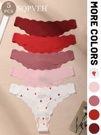 SQPVEH 5pcs/Pack Multi-Color Women's Adhesive Thong Panties, Hollow Heart Design, Comfortable, Breathable, Sexy One-Piece Thong