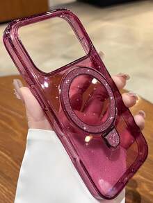 Luxury Cherry Red Sparkling Glitter Clear Magnetic Bracket Phone Case Compatible With IPhone 18Pro Max 17 Pro Max 17 Pro 17 16 Pro Max 16 Pro 16 15 Pro Max 15 Pro 15 14 Pro Max 14 Pro 14 13 Pro Max 13 Pro 13 Minimalist Transparent Shockproof Bumper Back Cover ﻿ - Cherry Red - View 2