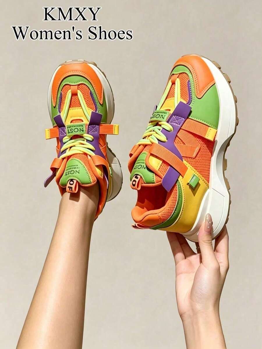 2026 New Women's Sports Shoes Thick Sole Chunky Heel Sneakers Spring/Summer Height Increasing Black & White Colorway Breathable Mesh Patchwork - Orange-red - View 1