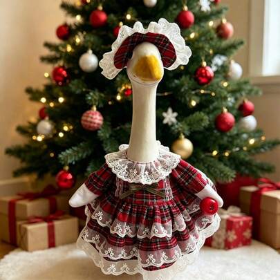 Christmas Goose Outfit For 23 Porch Goose Statue Plaid Print Lace Trim Dress With Attached Apple And Matching Hat Set