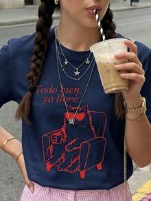Camiseta Estilosa Moderna Feminina Unissex Estampada Gato Todo Bien Tecido Premium Manga Curta Camisa Gola Redonda 100 % Algodão - Azul Marinho - Visão 2