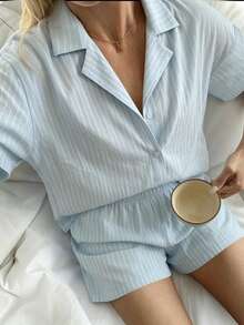 Nina Bonheur 2pcs/Set Women's Loose Comfortable Breathable Long Sleeve Top + Shorts Cute Pajama Set - Blue - View 5