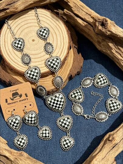 Women's European And American Vintage Bohemian Style Western Black And White Plaid Jewelry Set, Suitable For Daily Wear, Dates, Theme Parties, And Will Get Lots Of Compliments From Friends