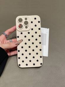 1pc Minimalist Star Phone Case, Full Print Black Five-Pointed Star Pattern, Basic Ins Style Matte Anti-Drop Phone Case #MinimalistStarPhoneCase #CreamBaseBlackStarPrint #LensFrameFullProtection #BasicInsAesthetic #ChristmasGift #NewYearGift #ValentineGift #ThanksgivingGift #BirthdayGift #BackToSchoolGift #DailyPhoneAccessory, Compatible With Iphone Case & Galaxy Case, Compatible With IPhone 17, Compatible With IPhone 17 Pro, Compatible With IPhone 17 Pro Max, Phone Accessories, Fast Shipping - White - View 5