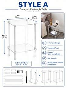 Small Acrylic Coffee Table, 2-Tier Transparent Side Table, Narrow Transparent Bedside Cabinet With Open Storage, Modern Minimalist Sofa Side Table, Suitable For Bedroom, Living Room, Apartment, Dorm, Office, Desktop Display, Home Decor, Multi-Functional Side Table - Transparent - View 6