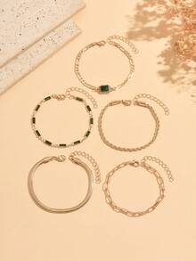 5pcs/Set Niche Luxury Bracelet Set, Emerald Green Square Rhinestone & Multi-Chain Combination Women's Jewelry, Gentle Elegant Design, Suitable For Daily Wear, Mature Style, Party And Vacation, Chain Length Cut, Number Of Links Uncertain - Multicolor - View 7