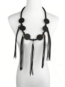 MARLIWOO 1pc Minimalist Long Draped Tassel Necklace, Unique Niche Versatile Accessory, Vintage Gothic Style - Black - View 2