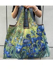 1 Set/1 Piece Women's Foldable Tote Bag, Large Capacity Shopping Bag, Oil Painting Style, Washable, Minimalist Design, Versatile, Suitable For Commuting, Travel, Shopping, Convenient Opening And Closing Design, Multi-Functional - Multicolor - View 1