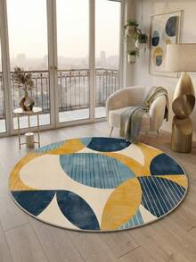 1pc Modern Round Area Rug - Navy Blue, Mustard Yellow, Beige Geometric Pattern Decorative Carpet, Suitable For Decorative Mat, Bedroom Decor, Living Room Carpet, Outdoor Rug, Machine Washable Carpet, Home Decor - Multicolor - View 2