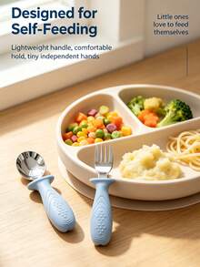 Baby & Toddler Silicone & Stainless Steel Tableware Set, Includes Spoon & Fork, With Silicone Handle, Anti-Choking Design - Multicolor - View 2