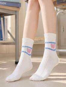 5 Pasang Kaos Kaki Kasual Wanita Setinggi Betis dengan Motif Kartun Lucu, Gaya Kampus yang Feminin - MultiWarna - View 5