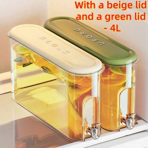 Slim Durable Plastic Beverage Dispenser With Leak-Proof Tap, Suitable For Home Kitchen, Home Entertaining And Refrigerator Storage, Can Hold Chilled Juice, Beer And Soft Drinks. Beige Lid And Green Lid - 4L, Slim Model - 3.5L