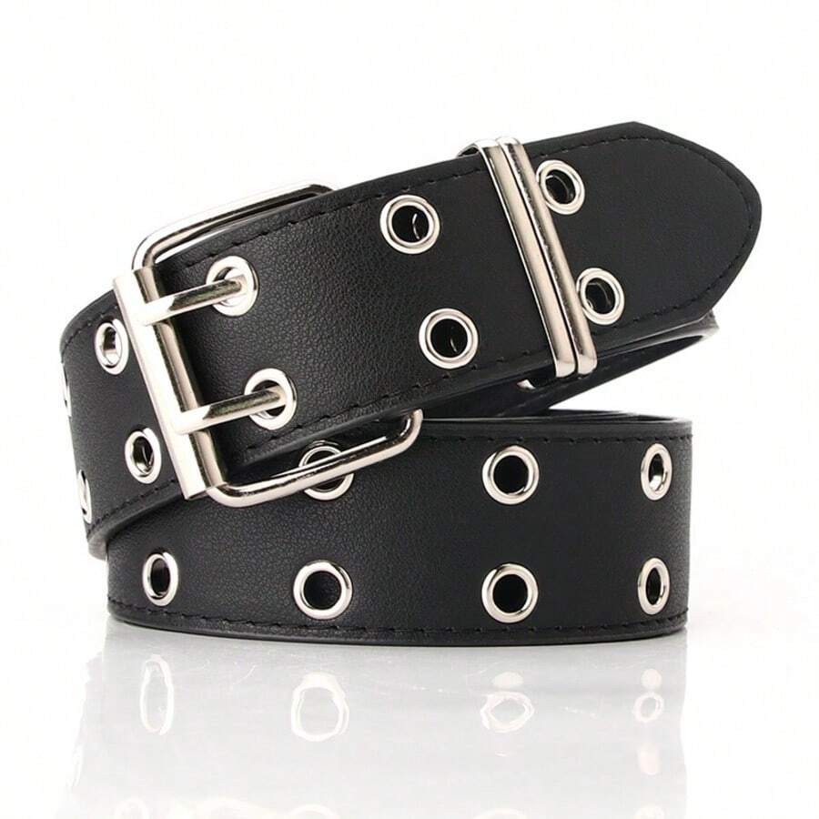 1 pieza Cinturón de cuero para hombre con hebilla de pasador de doble orificio, estilo punk, cinturón decorativo de cuero PU unisex hip hop - Negro - Ver 1