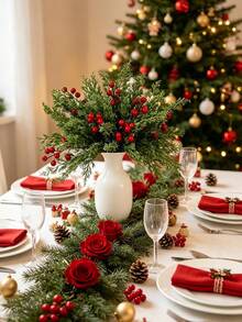 24pcs Christmas Artificial Pine Branches With Red Berry Stems, Faux Norfolk Pine Foliage Stems, DIY Wreath Home Decor, Artificial Winter Berry Plants, Suitable For Vases, Dining Tables, Holidays, Patios, Fireplaces, Weddings, Gardens, Farmhouse Style Room Decoration - Multicolor - View 3