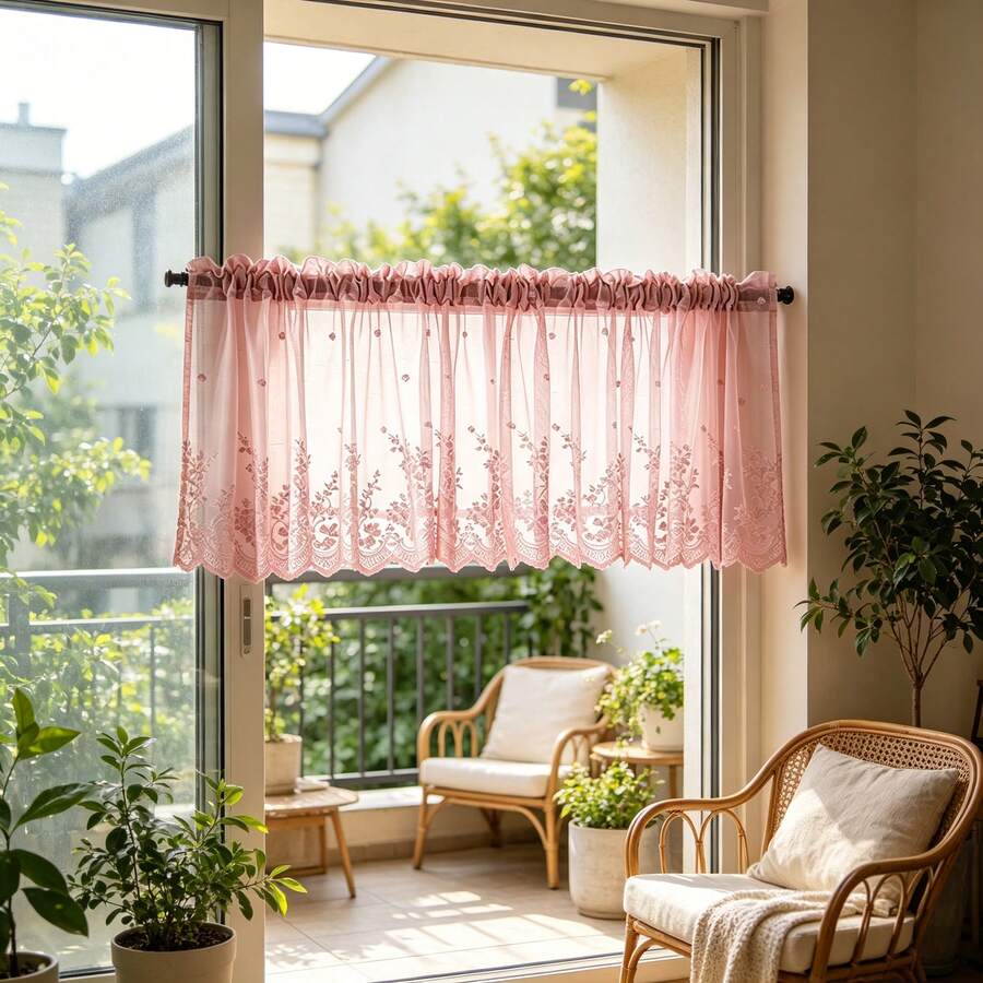 1件新款輕量蕾絲刺繡花卉透視窗簾,多用途半透明裝飾窗簾,適用廚房及其他空間,穿桿設計,成品短款咖啡窗簾,咖啡色 - 粉色 - 查看 1