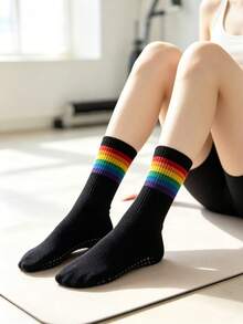 1/3 Pairs Women's Mid-Calf Yoga Socks, Professional Non-Slip Yoga Socks For Indoor Pilates, Soft Comfortable Lightweight Sports Socks With Dotted Anti-Slip Rainbow Stripes For Jump Rope - Multicolor - View 4
