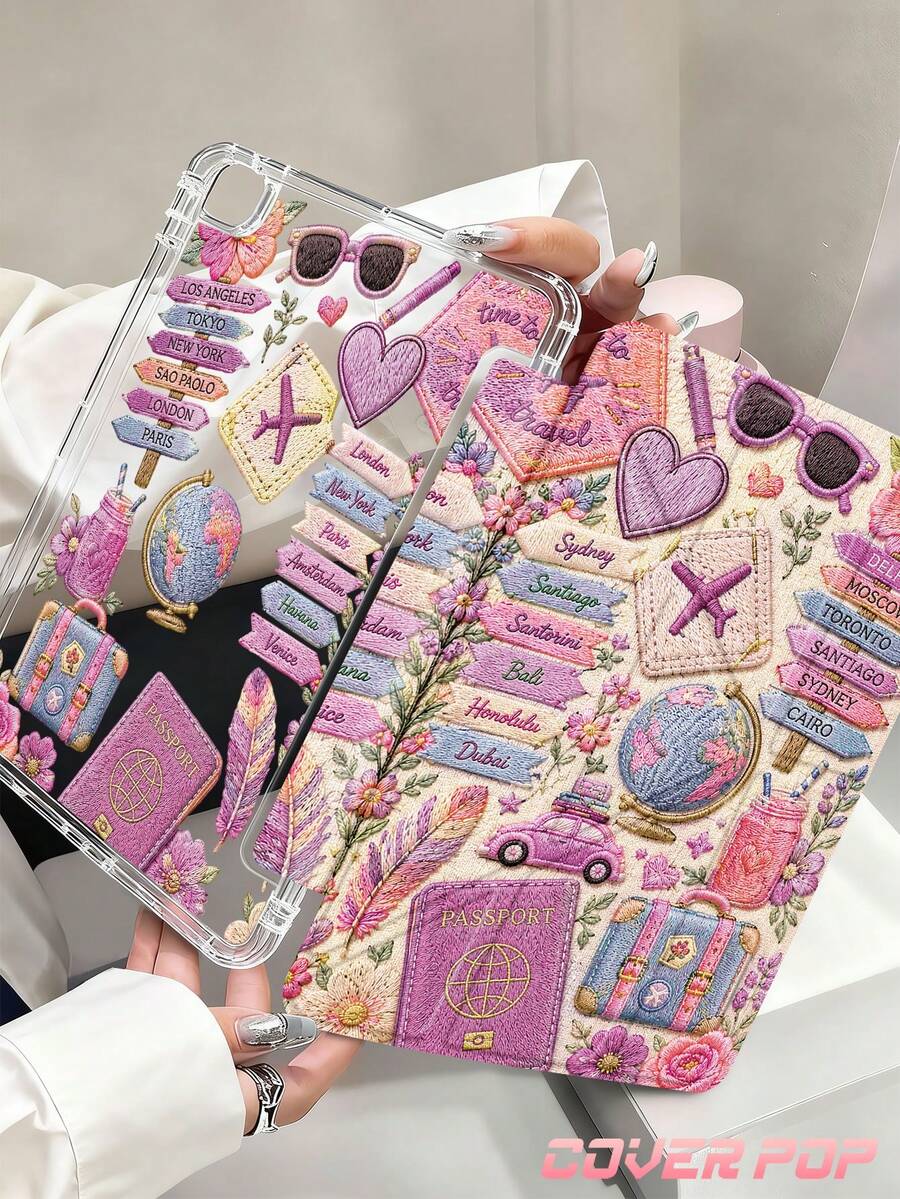 旅行地圖飛機汽車路標圖案平板保護殼，相容 iPad 9.7/10.2/10.5/10.9/12.9/Pro 11、第10代，相容 Galaxy Tab S6 Lite 10.4 吋，相容 Kindle Paperwhite 12代 2024、Kindle (11代-2024年發布)，柔軟防摔，智慧支架/自動喚醒/睡眠，Y型折疊平板保護套，多種視角可調