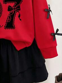 Young Girl Cartoon Print Crew Neck Long Sleeve Sweatshirt And Skirt - Red - View 6