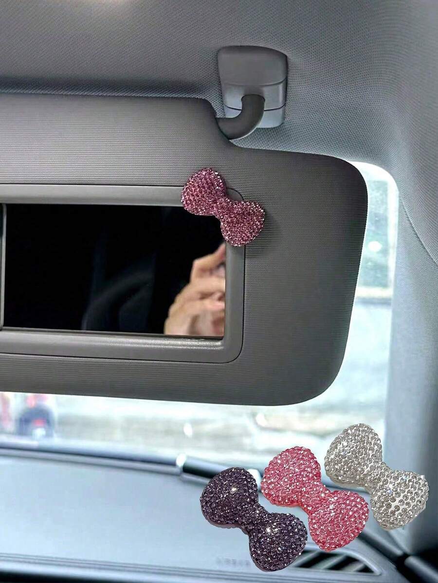 2件/1件裝 水鑽蝴蝶結汽車遮陽板夾飾品,通用可愛汽車配件,適合女性與女孩,理想的車內裝飾DIY禮物 - 2件/銀色 - 查看 1