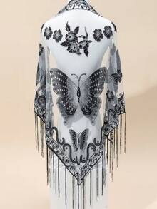 Butterfly Ruined Flower Triangular Scarf Tassel Lace Small Shawl Spring Summer Autumn Winter All-Season Versatile Small Cape Semi-Transparent Printed - Multicolor - View 13