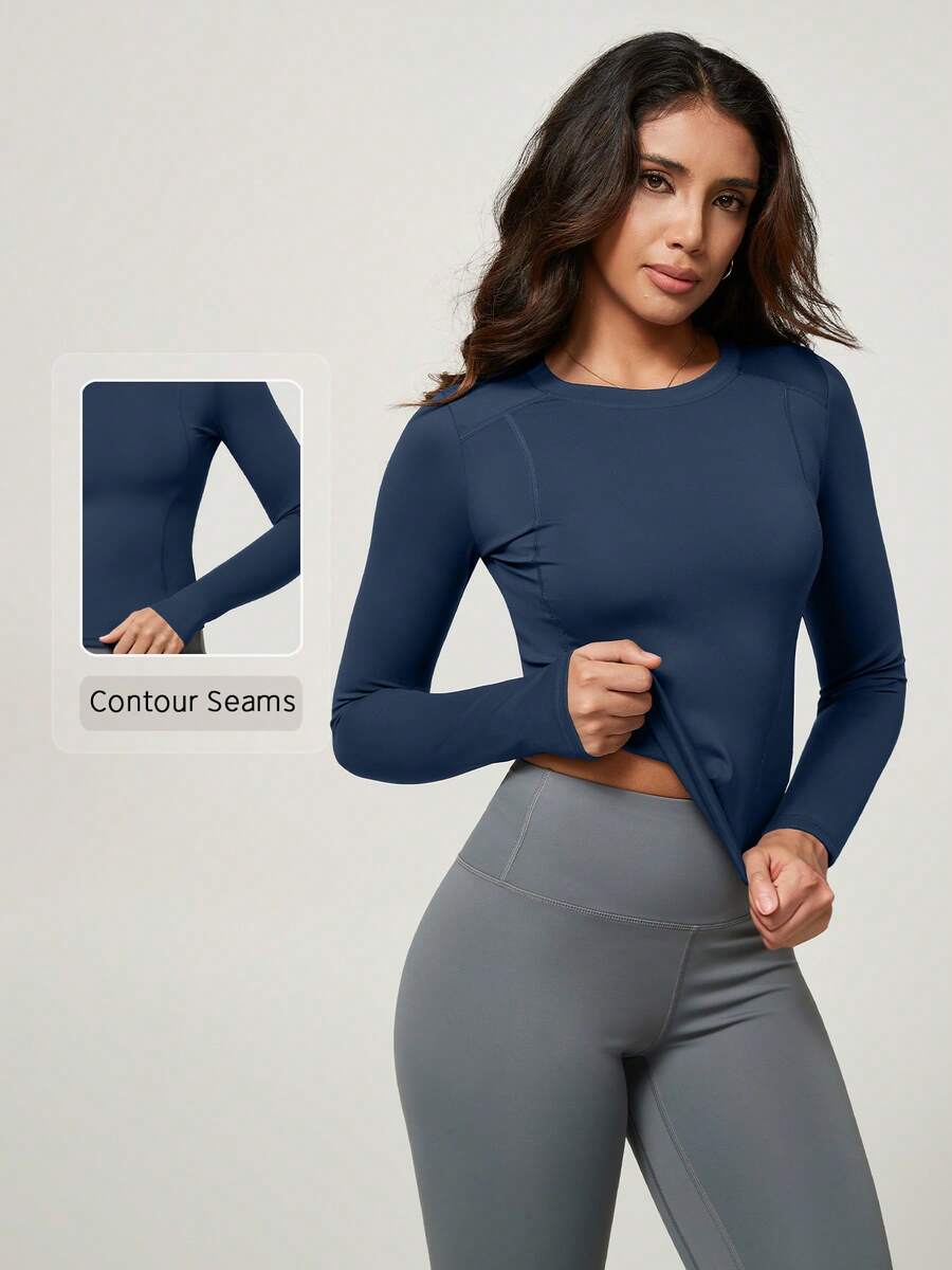NcmRyu Women's One PC Solid Color Crew Neck Fitted Sports Long Sleeve - Blue - View 1