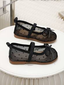 1 Pair Black Girls Sweet Polka Dot Mesh Bow Round Toe Mary Jane Flat Shoes, Suitable For Dress, Birthday, Performance, 2026 New Style - Black - View 7