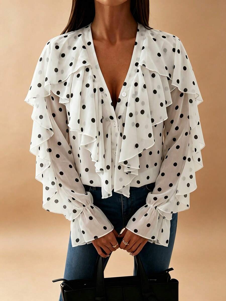 Buzzelle Elestia Women's Elegant Romantic V-Neck Lantern Sleeve Ruffle Polka Dot Chiffon Blouse, Casual Semi-Sheer Boho Vacation Outing Top, Spring Summer Fall - Black and White - View 1