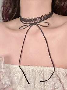 1pc Women's Gothic Choker Dark Lace Double Layer Tie Bow Fashion Personalized Neck Chain Choker Collar - Multicolor - View 3