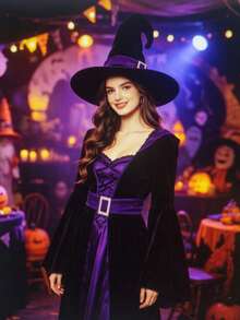1pc Classic Black Velvet Witch Hat, Rhinestone Buckle Halloween Hat. Suitable For Cosplay And Theme Parties - A - View 2