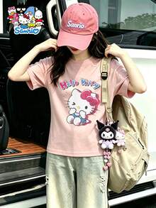 Rosa  Mädchen Kurzarmshirt mit zwinkerndem Hello Kitty Print, bunte "Hello Kitty" Schrift, lässiges Rundhals T-Shirt - Pink - Übersicht 2