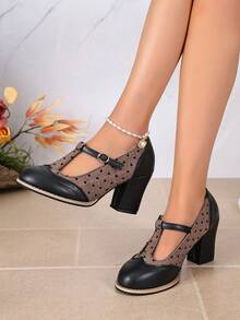 Punk Buckle Vacation Retro Polka Dot T-Strap Chunky Heel Mary Jane Shoes Women British Color Block Round Toe High Heel Pumps Daily Commute Shoes - Black - View 1