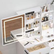 31.5" White Vanity Desk With LED Lighted Sliding Mirror & Stool, Makeup Vanity Table With 7 Drawers, Open/Hidden Shelves & 3 Color Dimmable Lights, Dressing Table With Hutch For Bedroom - White - View 2